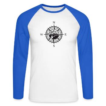 Montagnes - L’aventure vous attend - T-shirt baseball manches longues Homme - blanc/bleu royal - Devant - Nik (191cm)