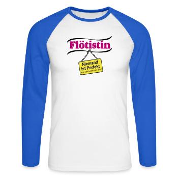 Flötistin Pink – Niemand ist Perfekt - Unisex Baseballshirt langarm - Weiß/Royalblau - Vorne - Nik (191cm)