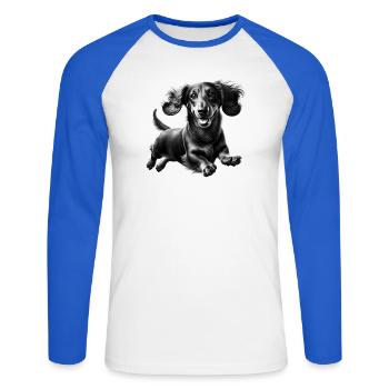 Fröhlicher Dackel im Sprung - schwarz weiß Porträt - Unisex Baseballshirt langarm - Weiß/Royalblau - Vorne - Nik (191cm)