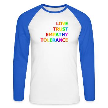 Values_1 - Unisex Baseballshirt langarm - Weiß/Royalblau - Vorne - Nik (191cm)