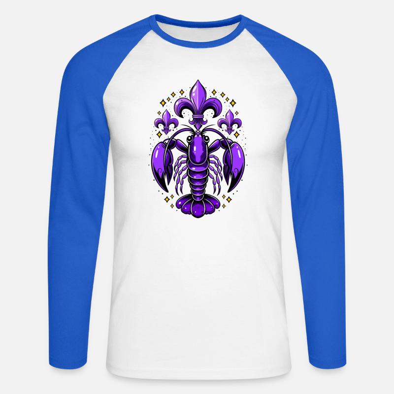 Mardi Gras Languste mit Fleur-de-Lis Design - Unisex Baseballshirt langarm - Weiß/Royalblau