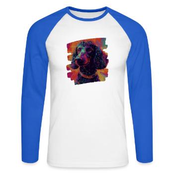 Caniche - T-shirt baseball manches longues Homme - blanc/bleu royal - Devant - Nik (191cm)