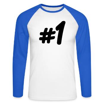 Number 1 # - Unisex Long Sleeve Baseball T-Shirt - white/royal blue - Front - Nik (191cm)