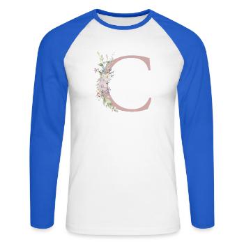 C Monogramme, Floral, Personnalisable - T-shirt baseball manches longues Homme - blanc/bleu royal - Devant - Nik (191cm)