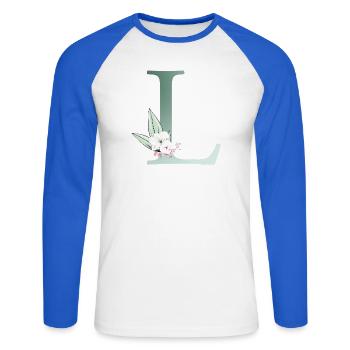 L Monogram, Floral, Personnalisable - T-shirt baseball manches longues Homme - blanc/bleu royal - Devant - Nik (191cm)