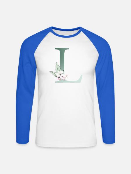 L Monogram, Floral, Personalizable - Unisex Long Sleeve Baseball T-Shirt - white/royal blue