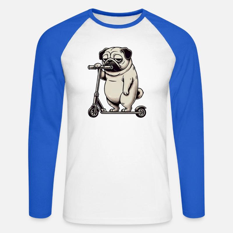 Lustiger Mops Roller Scooter Kickroller Grumpy - Unisex Baseballshirt langarm - Weiß/Royalblau