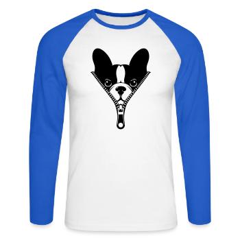 French Bulldog in a Zipper - Unisex Long Sleeve Baseball T-Shirt - white/royal blue - Front - Nik (191cm)