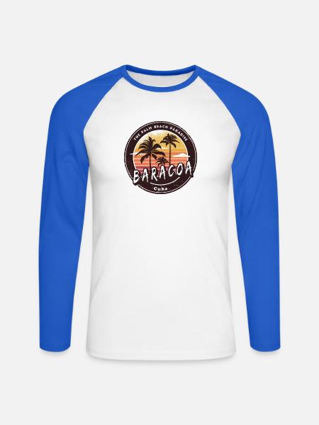 Baracoa Palmen und Strand Design - Unisex Baseballshirt langarm - Weiß/Royalblau