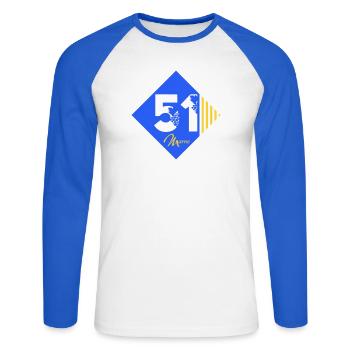51 - Unisex Long Sleeve Baseball T-Shirt - white/royal blue - Front - Nik (191cm)
