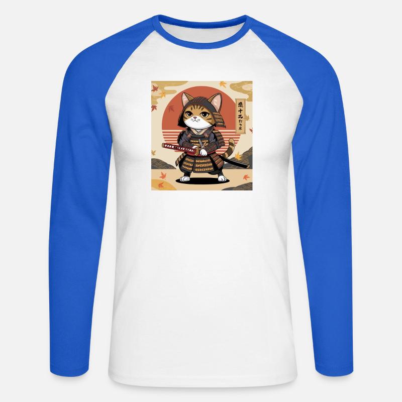 Samurai Katze – Japanisches Krieger Katzen Design - Unisex Baseballshirt langarm - Weiß/Royalblau