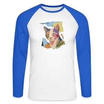 Abstrakte Katze im modernen Farbblock-Design - Unisex Baseballshirt langarm - Weiß/Royalblau - Vorne - Nik (191cm)