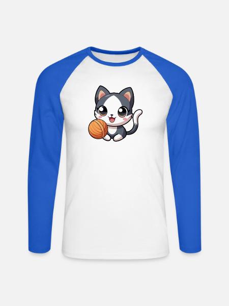 Schwarz-weißes Kawaii-Kätzchen mit Strang - Unisex Baseballshirt langarm - Weiß/Royalblau