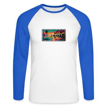 Cebu City – Tropical Retro Sign - Unisex Long Sleeve Baseball T-Shirt - white/royal blue - Front - Nik (191cm)