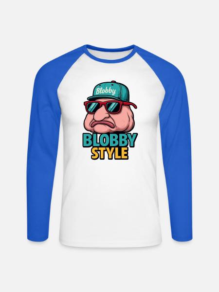 Blobby Style Cartoon Tee - Unisex Long Sleeve Baseball T-Shirt - white/royal blue