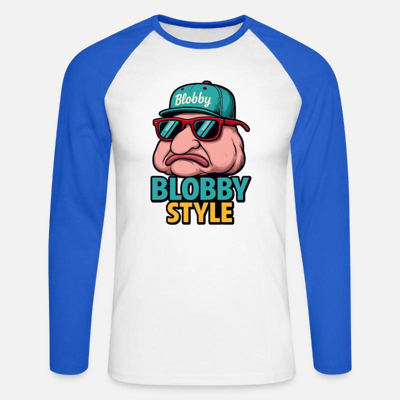 Blobby Style Cartoon Tee - Unisex Long Sleeve Baseball T-Shirt - white/royal blue