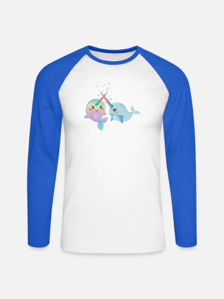 Verliebte Narwale mit Regenbogenhörnern - Unisex Baseballshirt langarm - Weiß/Royalblau