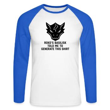 Generated by the Basilisk - Unisex Baseballshirt langarm - Weiß/Royalblau - Vorne - Nik (191cm)