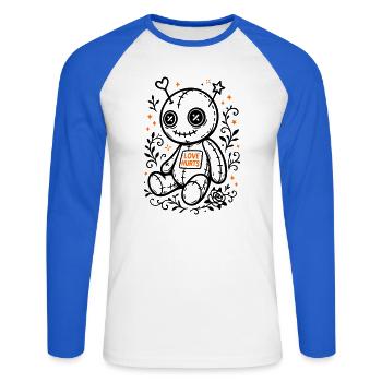 Voodoo Doll - Love Hurts, Halloween 2025 - Unisex Long Sleeve Baseball T-Shirt - white/royal blue - Front - Nik (191cm)