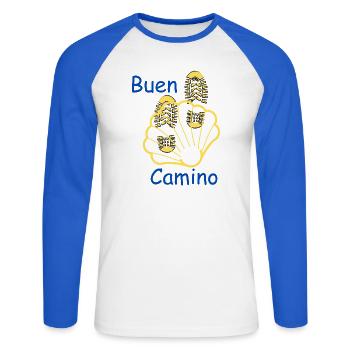 Buen Camino Muschel mit Reifenprofil - Unisex Baseballshirt langarm - Weiß/Royalblau - Vorne - Nik (191cm)