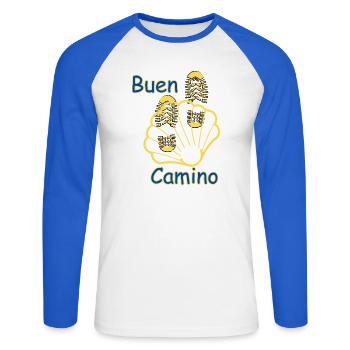 Lebensweg , buen Camino  - Unisex Baseballshirt langarm - Weiß/Royalblau - Vorne - Nik (191cm)
