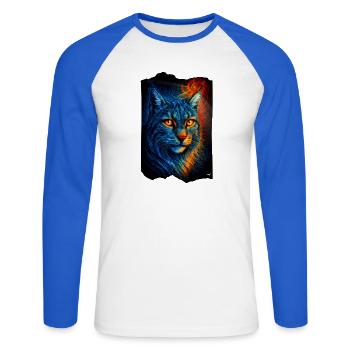 Mystische Luchs Wildkatze im Feuerlicht - Unisex Baseballshirt langarm - Weiß/Royalblau - Vorne - Nik (191cm)