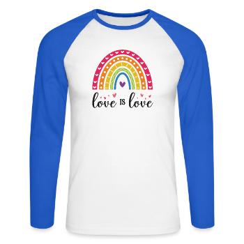 Mois de la fierté LGBT - Love is Love - T-shirt baseball manches longues Homme - blanc/bleu royal - Devant - Nik (191cm)