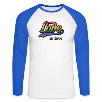Mois de la fierté LGBT - Love is Love - T-shirt baseball manches longues Homme - blanc/bleu royal - Devant - Nik (191cm)