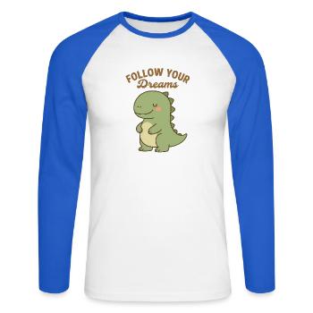 Follow Your Dreams - Cute Dino Design - Unisex Long Sleeve Baseball T-Shirt - white/royal blue - Front - Nik (191cm)