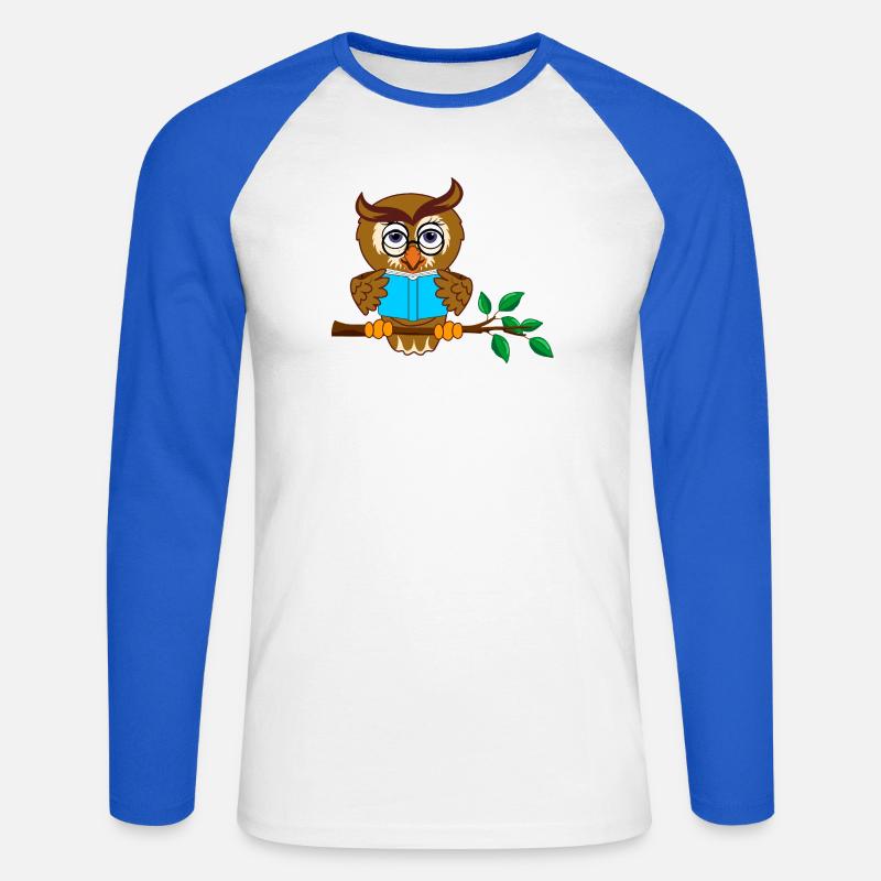 Ast Eule mit blauem Buch - Unisex Baseballshirt langarm - Weiß/Royalblau