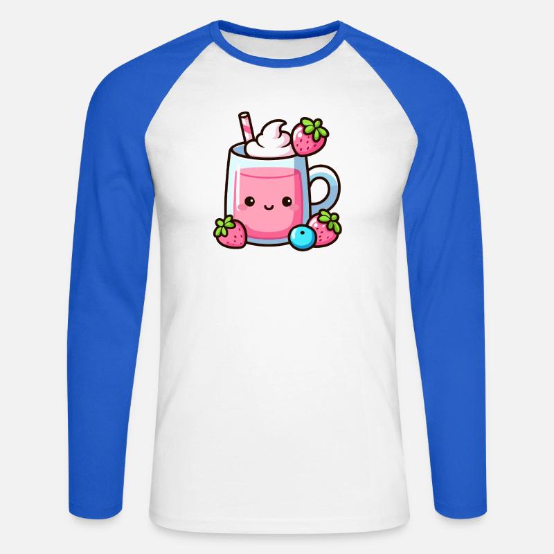Kawaii Erdbeermilch Becher Design - Unisex Baseballshirt langarm - Weiß/Royalblau