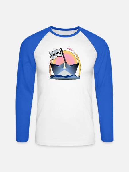 Einschulung Schulanfang Papierboot - Unisex Baseballshirt langarm - Weiß/Royalblau