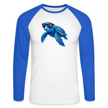 Tortue surfeuse colorée avec des lunettes de soleil - T-shirt baseball manches longues Homme - blanc/bleu royal - Devant - Nik (191cm)