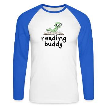 Ami de lecture Mignon rat de bibliothèque avec un livre - T-shirt baseball manches longues Homme - blanc/bleu royal - Devant - Nik (191cm)