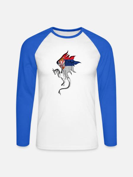 Flagge von Serbien - Serbisch - Drachensilhouette - Unisex Baseballshirt langarm - Weiß/Royalblau