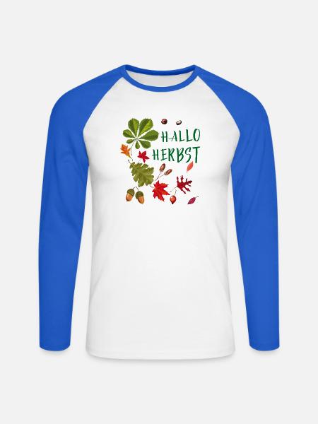 Hallo Herbst Herbstliche Blätter und Eicheln - Unisex Baseballshirt langarm - Weiß/Royalblau