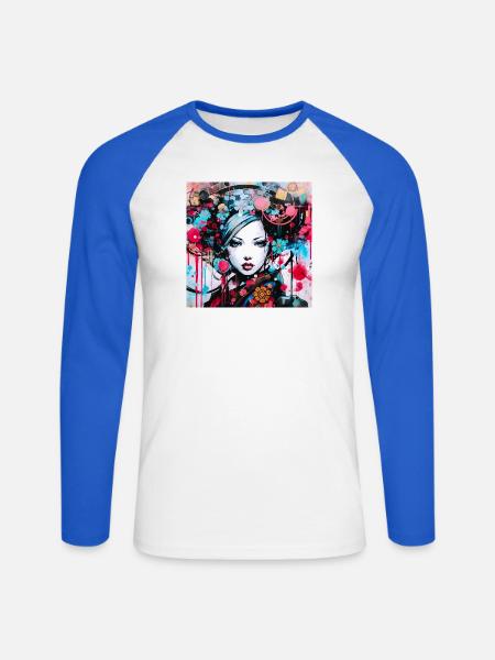 Buntes urbanes Frauenporträt - Unisex Baseballshirt langarm - Weiß/Royalblau