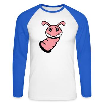 Caterpillar peeks out of hole smiles sweet worm comic fun - Unisex Long Sleeve Baseball T-Shirt - white/royal blue - Front - Nik (191cm)