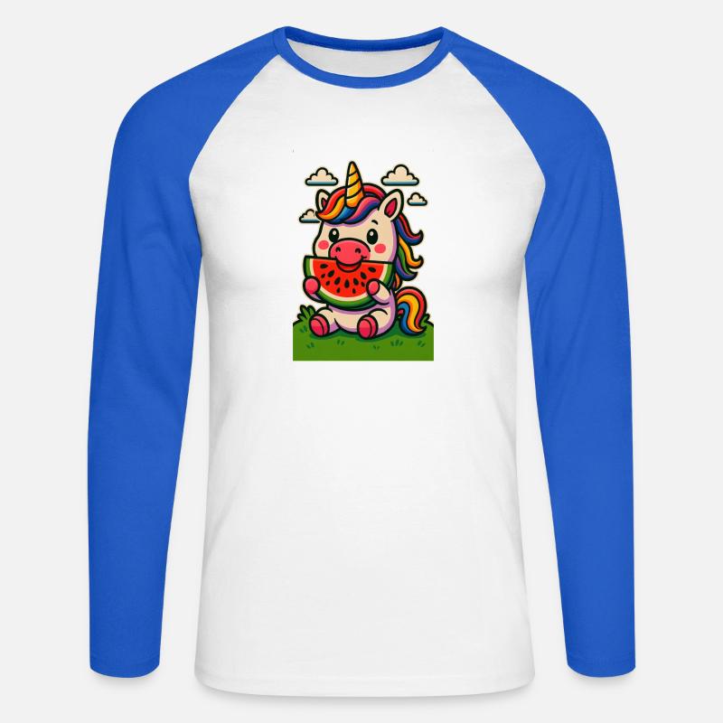 Regenbogen-Einhorn isst Wassermelone - Unisex Baseballshirt langarm - Weiß/Royalblau