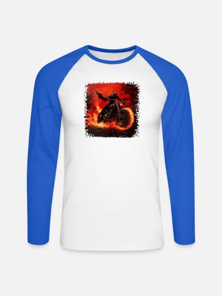 Dämonischer Motorradfahrer in Flammen - Unisex Baseballshirt langarm - Weiß/Royalblau
