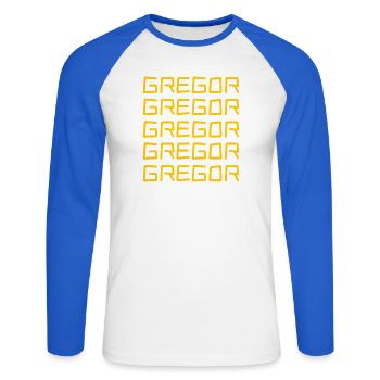 First name Gregor - Unisex Long Sleeve Baseball T-Shirt - white/royal blue - Front - Nik (191cm)