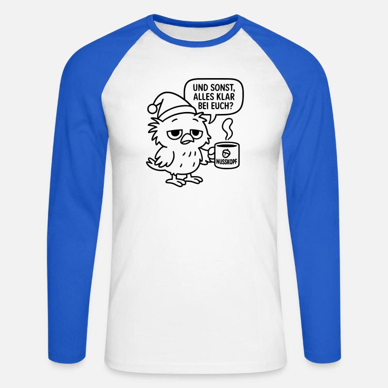 Morgenmuffel Vogel_mit_Kaffeetasse_und_Sprechblase - Unisex Baseballshirt langarm - Weiß/Royalblau