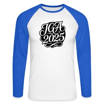 Jga 2025 Enterrement de vie de garçon - T-shirt baseball manches longues Homme - blanc/bleu royal - Devant - Nik (191cm)