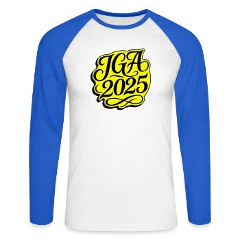 Jga 2025 Enterrement de vie de garçon - T-shirt baseball manches longues Homme - blanc/bleu royal - Devant - Nik (191cm)