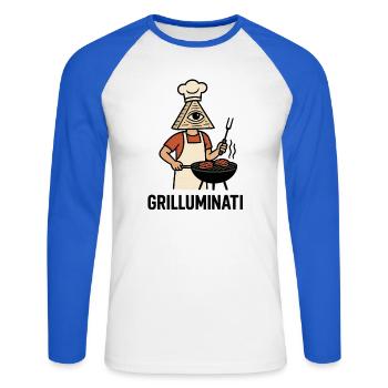Grilluminati - l’art secret des grillades - T-shirt baseball manches longues Homme - blanc/bleu royal - Devant - Nik (191cm)