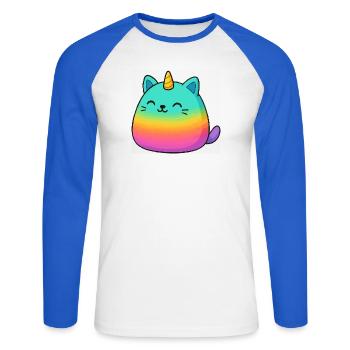 Pink Rainbow Unicorn Cat - Unisex Long Sleeve Baseball T-Shirt - white/royal blue - Front - Nik (191cm)