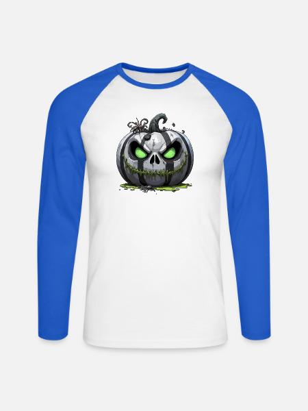 Grim Pumpkin Zombie with Green Eyes - Unisex Long Sleeve Baseball T-Shirt - white/royal blue