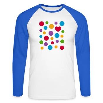 Spotty Dots Heart T-Shirt – Colourful Spotted Love - Unisex Long Sleeve Baseball T-Shirt - white/royal blue - Front - Nik (191cm)