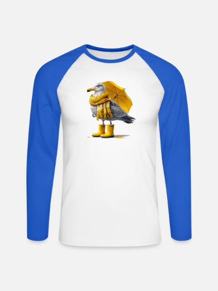 Seagull with yellow umbrella and boots - Unisex Long Sleeve Baseball T-Shirt - white/royal blue