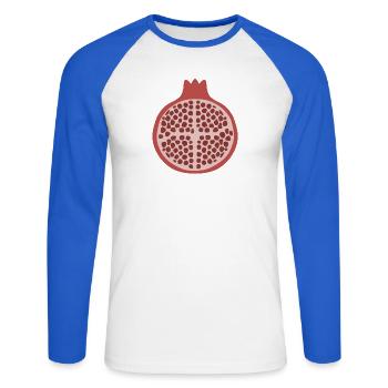 Granatapfel-Hälfte - Unisex Baseballshirt langarm - Weiß/Royalblau - Vorne - Nik (191cm)
